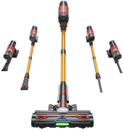 Akku Staubsauger Kabellos 650W 55KPa, 75Min Laufzeit, Selbststehend Akkustaubsauger, 8-in-1 Leichtes Handstaubsauger mit Grünes LED-Licht & Anti-Tangle-Bürste, für Tierhaare Teppiche Hartböden Auto