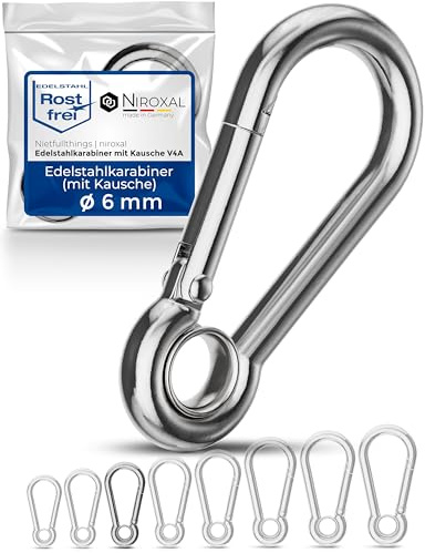 10 Stycken 6-mm Rostfria karbinhakar med ögla i V4A robust form med kaus brukslast 850 kg Brandkarbinhake 316 6x60-mm