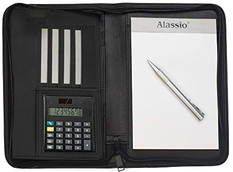 Alassio 30144 - Schreibmappe CORNIGLIA im DIN A5 Format, Businessmappe aus Lederimitat, Dokumentenmappe in schwarz, Mappe ca. 24 x 18 x 3,5 cm, mit Taschenrechner