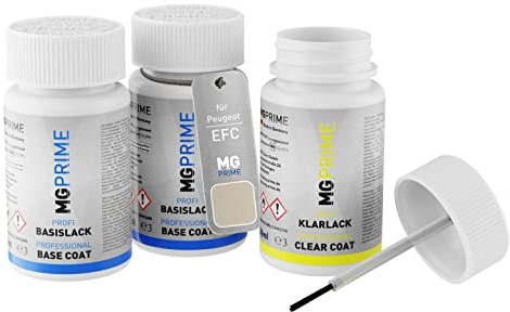 MG PRIME Autolack Lackstifte für Peugeot EFC Blanc Perle Nacre + Klarlack | Perlmutt Weiss Perleffekt, Set aus Grundlack + Basislack + Klarlack, Lackfläschchen mit Pinsel, je 50ml