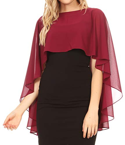 Sakkas 1921 - Anya Women's Soft Chiffon Wedding Bridesmaid Bridal Cape Wrap Bolero Shrug - Burgundy - OS