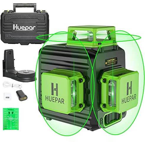 Kreuzlinienlaser, Huepar 3 x 360° Laser Wasserwaage Selbstnivellierenden, Kreuzlinienlaser Grün 12 Linien Laser, Linienlaser kreuzlaser Baulaser für Innenbereich Baustelle(mit Lithium-Batterie), B03CG