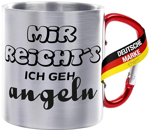 CreaLuxe Edelstahltasse mit Karabiner - Mir reichts ich GEH Angeln - 330ml, Tasse bedruckt, Kaffeetasse, Bürotasse, Metalltasse mit Name, Angelzubehör