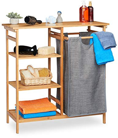 Relaxdays Estantería Baño con Cesto Ropa Sucia Abatible, Armario Bambú, Saco Textil, 80,5x80x33,5 cm, Natural y Gris