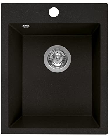 Manestein Spülbecken, Küchenspüle aus Granit, Einbauspüle, Einzelbecken mit Siphon, Fleckenbeständig und Pflegeleicht, 80% Quarzsand, 1 Becken, 48 x 39 cm, Graphit - Schwarz Gesprenkelt