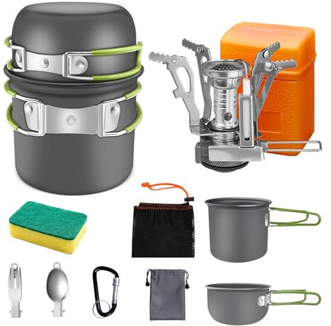 AUTOPkio Camping Kochgeschirr Set für 1-2 Personen, Outdoor Faltbare Camping Topf mit Gaskocher Picknick Geschirr Kit Leicht Aluminium Kochset für BBQ, Wandern, Kochen, Flüssiggas