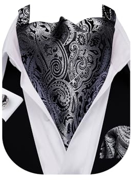 Barry.Wang Herren Paisley Ascot Krawatten-Set mit Taschentuch und Manschettenknöpfen, Seidenjacquard, gewebtes Blumenmuster, Schwarzes und graues Paisleymuster, Einheitsgröße