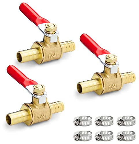 Bwintech 3 Stück 12mm Kugelventil aus Messing mit Widerhaken mit 6 Stück Klemmen, Luft Gas Kraftstoffleitung, Absperrventil, 180 Grad Betätigungsgriff, Ventilrohrverschraubungen