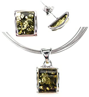 Artisana-Schmuck Bernstein Schmuckset, elegantes grünes Schmuck-Set (ohne Kette), Anhänger und Ohrringe aus 925/000 Sterling Silber rhodiniert und Bernstein