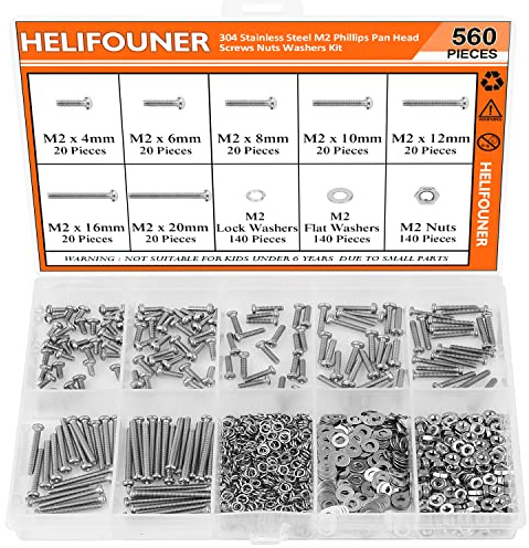 HELIFOUNER 560 Pieces M2 x 4mm /6mm /8mm /10mm /12mm /16mm /20mm, Phillips Pan Head Machine Screws, Metric Screws Bolts Washers Nuts Kit, 304 Stainless Steel