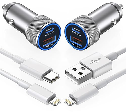 iPhone Car Charger,【2Pack】38W Dual Port USB C+QC3.0 [Apple MFi Certified] Fast Charging Cigarette Lighter iPhone Charger Car Adapter with【2 Pack】Lightning Cable for iPhone 14 13 Pro Max 12 11 X - Grey