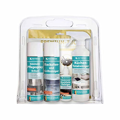 HOTREGA Küchen Reinigungs-Set Basic | 5-teilig mit Microfasertuch | Pflege für Edelstahl, Backofen, Grill & Kochfeld | Inklusive 500ml Totalreiniger | Gegen Fett, Kalk & Eingebranntes