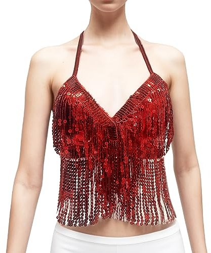 ZUYPSK Damen Pailletten BH Bauchtanz Kostüm Oberteil Latin Neckholder Tops Frauen Tanzen Quaste Top Bikini Yoga Party Clubwear
