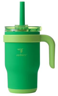 REDUCE Coldee Kids Trinkbecher mit Deckel und Strohhalm, isolierter Reisebecher, auslaufsicher, schweißfester Edelstahl, BPA-frei, inklusive Griff, wiederverwendbarem Silikon-Trinkhalm, Kleegrün, 400