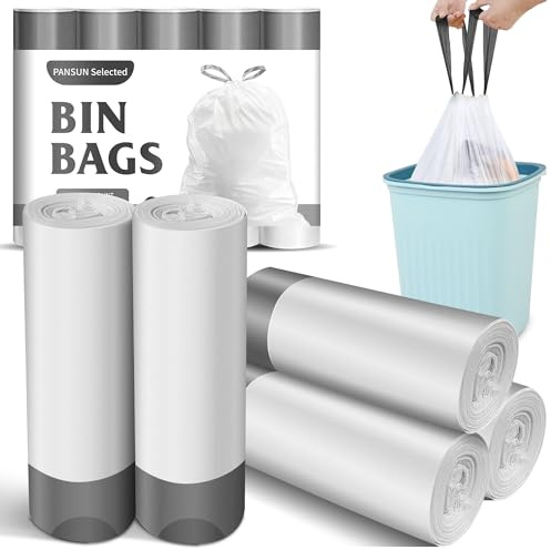 PANSUN Selected Bin Bags 10L, Drawstring Small Heavy Bin Liners | White Bin Bags for Bathroom Pedal Bin Liners, Office Waste Paper Bin, Bedroom, 60 Count, Fit 5L-10L Garbage Bin