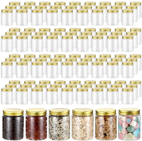 Wesiti 100 Pcs 8 oz Clear Plastic Mason Jars Containers With Screw on Gold Lids Refillable Round Empty Plastic Jars Storage Containers Reusable for Kitchen Household Dry Food Storage Honey Herb Nuts