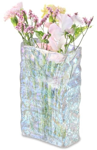 LUXERIQA Schillernde Blumenvase für Dekoration, moderne Kristallglasvase für Blumen, rechteckig, dekorative Vase mit buntem Glanz, einzigartiges Geschenk