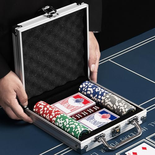 BAKAJI Coffret de Poker en Aluminium, Lot de Jeu Professionnel avec 2 Jeux de Cartes, 5 écrous, Bouton de concessionnaire, Valise de Haute qualité, idéale pour Texas Hold'em et Blackjack (100 fiches)