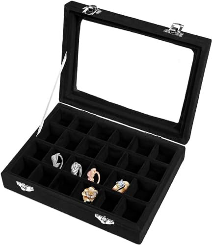 24 Fächer Damen Schmuckkasten Schmuck Box Schmuckkoffer Schmuckständer Aufbewahrungsbox für Ringe Ohrringe Halskette (Schwarz)