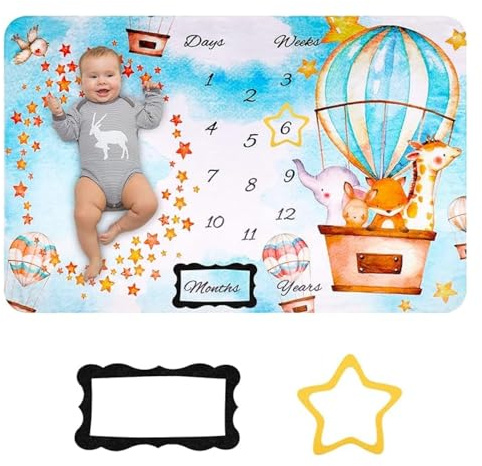 Bambini Foto Fotografia Sfondo Coperta, Bambini Mensile Milestone Coperta, Coperta con Registro Della Crescita dei Bambini, con 2 Cornici in Feltro, Regalo per Neonati, Crescita 150 x 100 cm