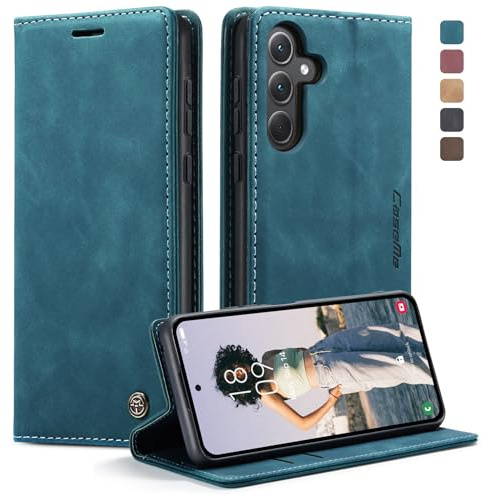 KZB für Samsung Galaxy A35 5G Hülle, Magnet Leder Klapphülle Stoßfest | Retro PU Leder, 2 Kartenfach, Standfunktion, Schutzhülle, Flip Case, Handyhülle für Galaxy A35 6,6'', Blaugrün