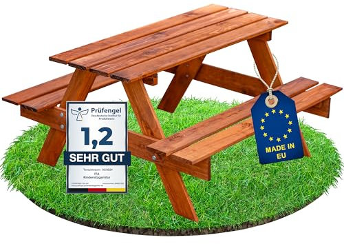 ITA Kindersitzgarnitur aus Holz - Kinder Picknicktisch mit 2 Bänken - Kinder Sitzgruppe für Indoor & Outdoor - Qualität direkt vom Hersteller - Made in EU, Farbe:Braun