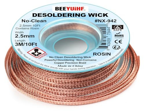 BEEYUIHF No clean Entlötlitze, 3M/10ft Entlötdraht, 2.5mm No-Clean Löt Entlötlitze, mit klarem Flussmittel, keine Rückstände, Dochte Litzen zum Entlöten (1 Pack)