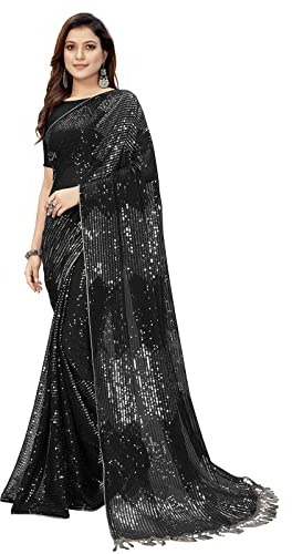 Aashita Creations - Sari Georgette de lentejuelas para mujer con blusa, negro / plateado, talla única