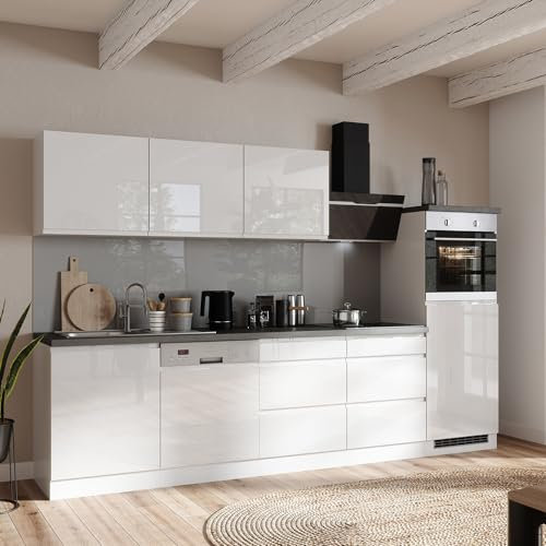 Lomadox Küche Küchenzeile 300 cm, inkl. E-Geräte, in Hochglanz weiß, Arbeitsplatte Betonoptik | inkl. Dunstabzugshaube, Induktionskochfeld, Einbau-Backofen, teilintegrierter Geschirrspüler