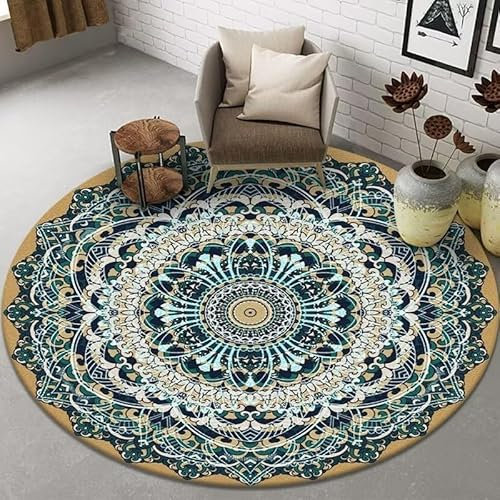 Boho Rund Wohnzimmer Teppich Orientalisch Kurzflor Carpet Bunter Rugs Weiche rutschfest Waschbarer Vintage Teppich Für Esszimmer Flur Living Room Schlafzimmer Verschiedene Szenarien 80x80cm