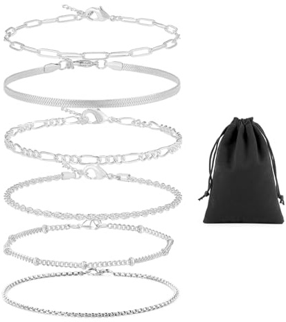 AYNKH 6 Pcs Bracelet for Women Plated Stacking Bracelets Silver Charm Stainless Steel Stacking Bracelets Adjustable Rope Cuban Figaro Bead Jewelry Bangle Chain Link Set for Women and Girls
