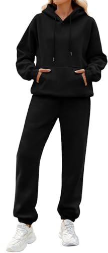 CMTOP Tuta Donna Sportiva Completo 2 Pezzi Invernale Termici Tute da Ginnastica in Pile Cotone Felpa con Cappuccio e Pantaloni Jogger Casual Completi Palestra Per La Casa Fitness(Nero, XL)
