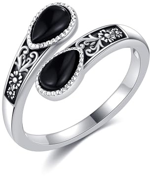 URONE Schwarzer Onyx Ring Silber 925 Daumen Ring Einstellbar Offene Ringe Viktorianischer Schmuck