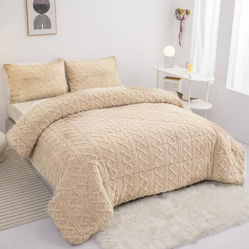 BESCH Edredón Invierno Borreguillo Nórdico 240x260cm para Cama 135/150 con 2 Funda Almohada - Edredón Borrego Sherpa Extra Suave, Cálido, Gruesa - Geométrica Beig