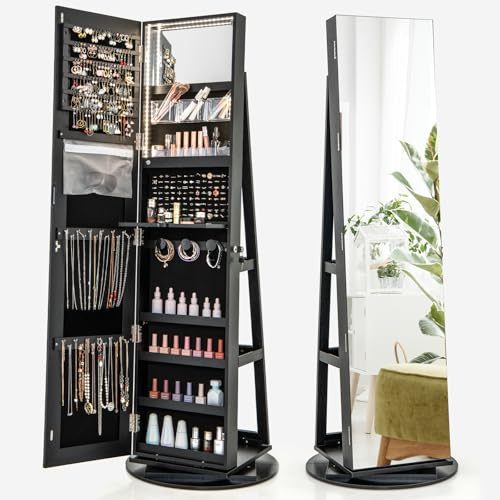COSTWAY Schmuckschrank mit Ganzkörperspiegel, LED Spiegelschrank rahmenlos, Schmuck-Organizer 360° drehbar & abschließbar, Schmuckaufbewahrung (Schwarz)