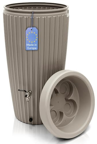 YourCasa Regentonne 240 Liter [RainCatcher] Messing Wasserhahn & Deckel - Regenfass Frostsicher aus Kunststoff - Regenwassertonne - Regenwassertank Garten Wassertank Regensammler Wasserfass (Sand)