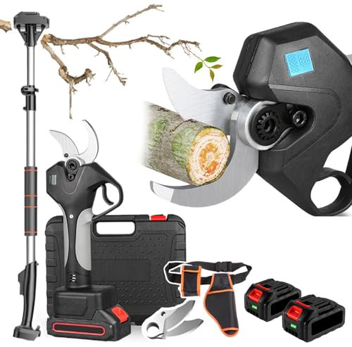 agreilduite Tijeras de podar eléctricas de 980 W, portátiles, telescópicas de 2,1 m con baterías de 4,5 Ah, 2 Unidades/riñonera, Recargables, con Pantalla, para setos, arbustos y huertos.