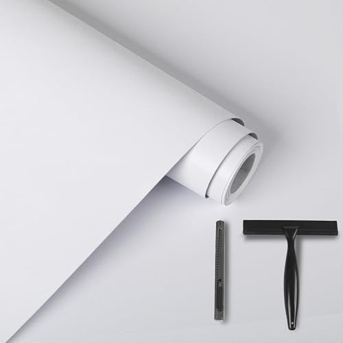 Alened White Vinyl Wrap Sticky Back Plastic Matt 30x200cm Toolkit Included, White Self Adhesive Wallpaper Peel and Stick Waterproof Removable for Kitchen Cupboard Cabinets Table DIY Furniture Walls