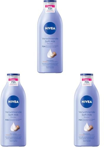 NIVEA Verwöhnende Soft Milk, Body Milk für trockene Haut mit Tiefenpflege Serum, Feuchtigkeitspflege mit Shea Butter und 100% purem Hyaluron (400 ml) (Packung mit 3)