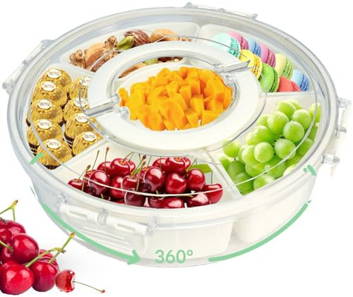 Dazhtu Snack Box con Coperchio, Portatile Snack Box con 6 Scomparti, Può ruotare, Vassoio per Spuntini Diviso con Coperchio, Organizzatore di Cibo per Caramelle,Frutta e Noci, adatto per Feste, Viaggi