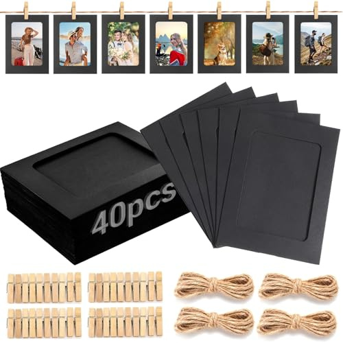 Hhaoysogd 40 Stücke Aufhängen Fotorahmen aus Pappe, 11.5 * 15.5 cm DIY Karton Bilderrahmen mit Clip & Hanfseil, DIY Bilderrahmen Wanddekoration für Hochzeit Party Geburtstag Fotogirlande (Schwarz)