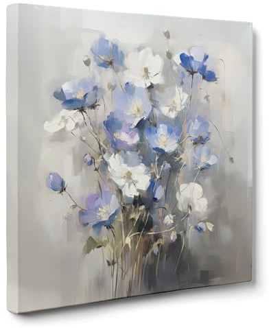 ConKrea — Composizione Fredda ad Olio — 100x100 cm cm Quadro Floreale Astratto su Tela Intelaiata | Stile Espressionismo, Toni Blu, Viola, Bianco