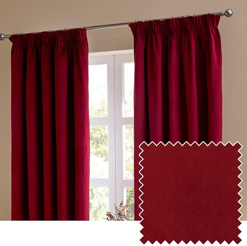 furn. The Ultimate Velvet Pencil Pleat Curtain Pair – Soft Stylish Room Darkening Matte Velvet Drapes (Burgundy - 229x229cm)