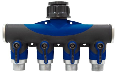 S&M 590269 – Distribuidor de 4 Salidas con Entrada Rosca Hembra 3/4 - 1”, y 4 Salidas Macho 3/4 | con Llaves de Paso Individuales | Soluciona con versatilidad Tus Necesidades de riego