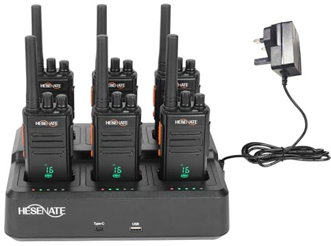 HESENATE HT66 PLUS Display PMR446 Walkie Talkies for Adults Radio 6 Pack | Long Range Rechargeable 2 Way Radio with 6 Way Charger, USB-C Charging, VOX, for School, Construction, Warehouse, Outdoor