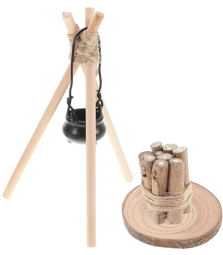 Gogogmee Miniature Dollhouse Firewood Model Wood Rack and Hanging Cook Pot, Doll House Camping Accessories for Snow Scene and Pretend Play, Micro Landscape Prop for Christmas Photography