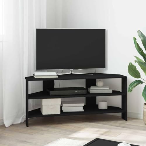 Yunovire Armoire TV d'angle noire 102 x 40,5 x 45 cm en matériau dérivé du bois moderne avec 2 étagères, centre multimédia, meuble de salon, console TV pour chambre à coucher
