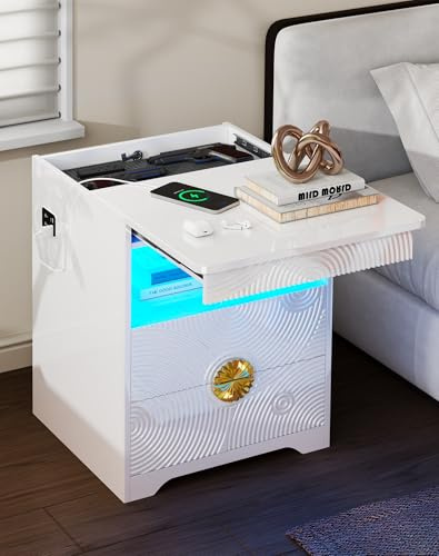 FREDEES Nnachttisch mit Verstecktem Schubfach - LED Nachtschrank mit 3 Farbigen Lichtern und Menschensensor, Nachttisch mit Ladestation, Modern Beistelltisch mit 2 Schublade, Weiß