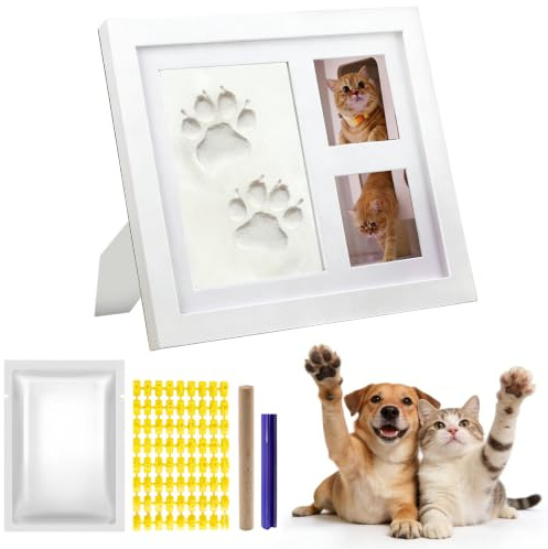 HA BIN Kit Impronta Zampa Cane Gatto, Impronta 3D in Gesso con Cornice in Legno, Kit Fai da Te Ricordo Animale, Idea Regalo, Cornice Tavolo Parete, 28×23 cm (Bianco)