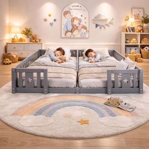 Kinderbett Bodenbett 90x200cm mit Zaun, Montessori Bett mit Rausfallschutz, Kiefern Holzbett 180x200cm für 2 Kinder,Gitterbett Doppelbett mit Lattenrost für Junge Mädchen,Weiß (Grau mit Lattenrost)